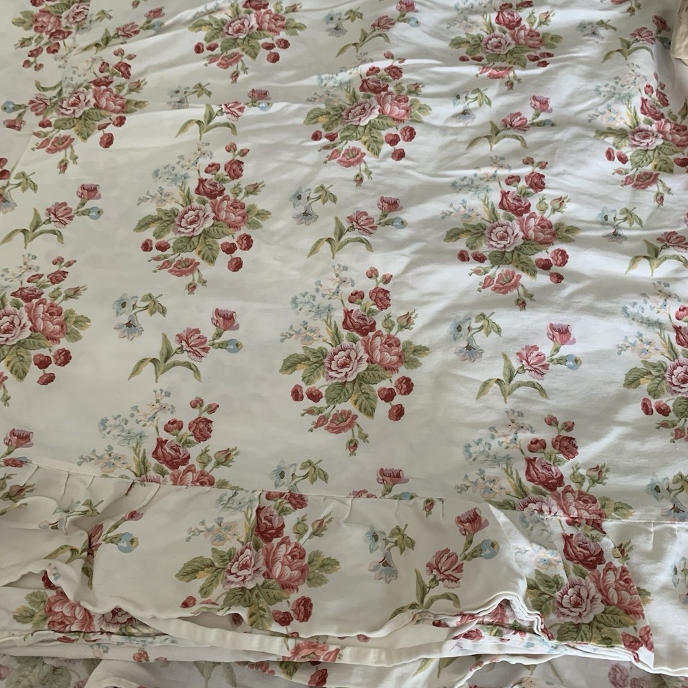 Vintage Ralph Lauren Emily Anne Flat Bed Sheet Floral Ruffle Queen